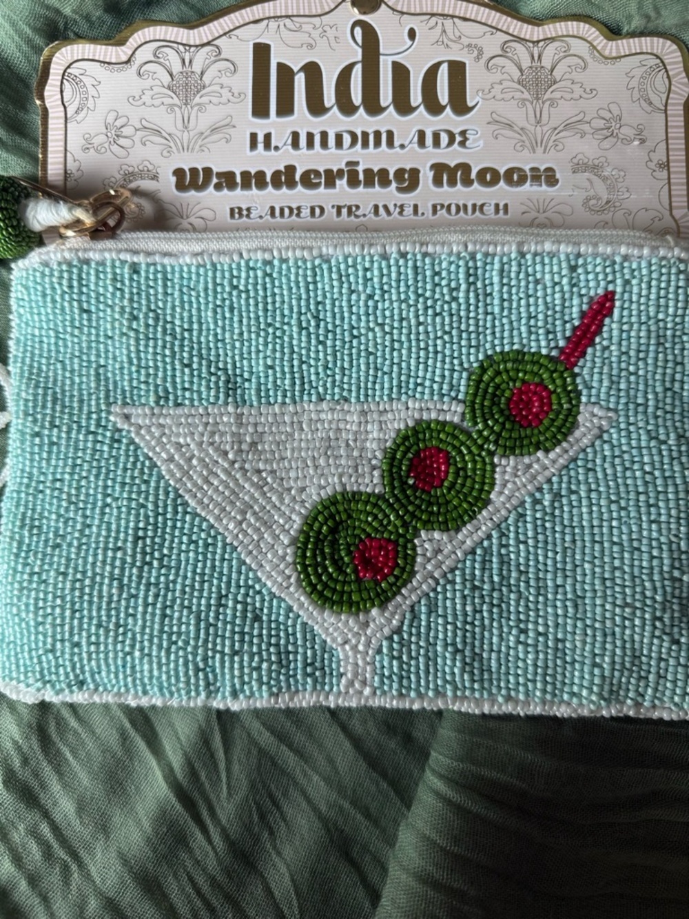 India Handmade Aqua Beaded Travel Pouch with Cocktail Motif - Picture 2 of 7